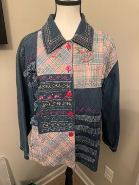 Keren Hart Patchwork Denim Jacket Embroidered Fringe Boho Art Coat L